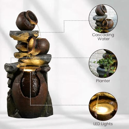 Rustic Jar Outdoor Water Fountain with Planter 38.5" Large Tiered Waterfall with Warm LED Lights, Handcrafted Resin Fountain for Zen Garden, Deck & Indoor Home Decor