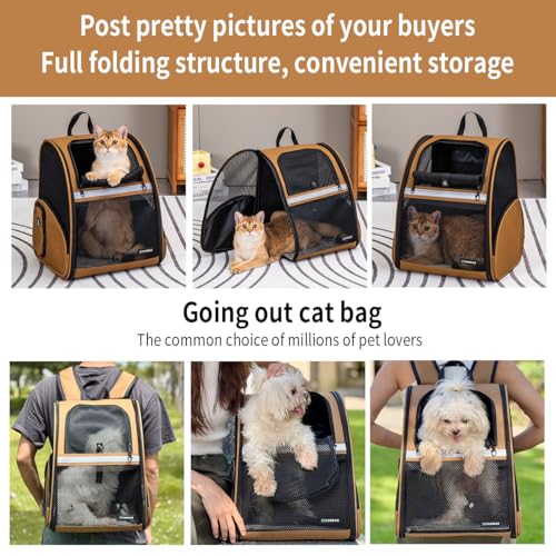 Cat Backpack Carrier for Small Dogs and Medium cat Puppy Kitten Bunny Pet Carrier Backpack Collapsible with Fully Ventilated Mesh with Safety Leash (Brown, 12.9" L x 10.62" W x 15.5" H - M) - color: Brown, size: Medium