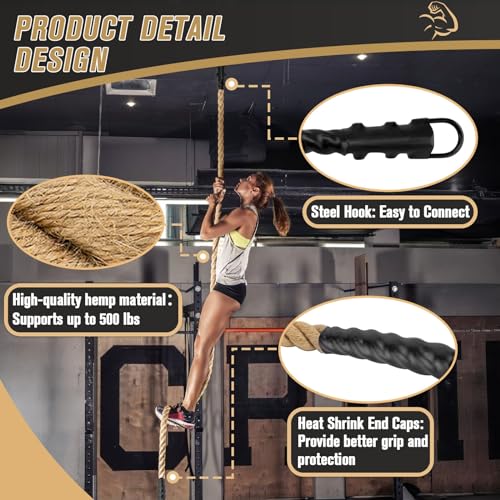 Gym Climbing Rope, Indoor Outdoor Climbing Ropes - Climbing Rope for Adults - 10ft Length, 1.5" Diameter, Climbing Ropes with Hook for Indoor and Outdoor Fitness