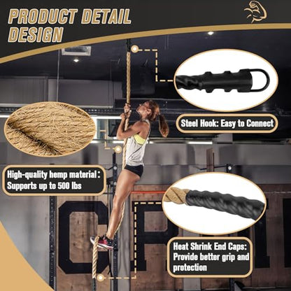 Gym Climbing Rope, Indoor Outdoor Climbing Ropes - Climbing Rope for Adults - 10ft Length, 1.5" Diameter, Climbing Ropes with Hook for Indoor and Outdoor Fitness
