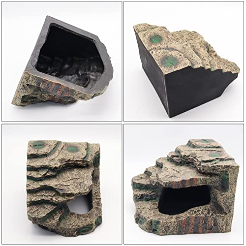Turtle Basking Platform with Hiding Cave Reptile Dock Ramp Resin Aquarium | Tortoise Ramp Climbing Ornament 7.48×7.08 Inch for Fish Tank Terrarium, for Lizards Frogs Snakes Chameleon Gecko