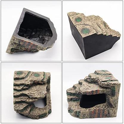 Turtle Basking Platform with Hiding Cave Reptile Dock Ramp Resin Aquarium | Tortoise Ramp Climbing Ornament 7.48×7.08 Inch for Fish Tank Terrarium, for Lizards Frogs Snakes Chameleon Gecko
