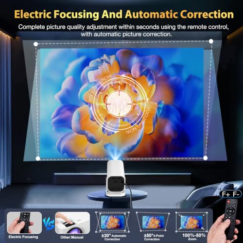 Mini Projector with Wifi and Bluetooth, Built-in Apps,Movie Projector | Electric Focus Portable Projector, 1080P Video Projector for Bedroom, Supports Smartphone/TV Stick/iPad/PS5/Laptop/HDMI/USB