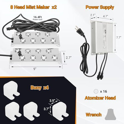Ultrasonic Mist Maker Fogger 16 Heads, 13000ml/H Ultrasonic Mister | 600W & IP67 Waterproof Power Supply, with 2 Floats & 16 Atomizer Heads Replacements for Fountain Pond, Halloween - size: 16 Heads