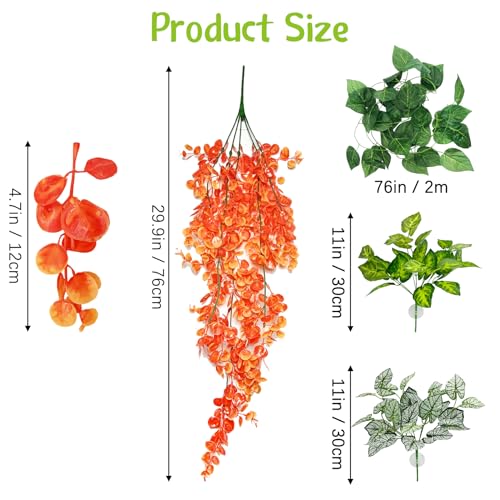 Hamiledyi Reptile Plants for Terrarium Hanging Fake Leaves with Suction Cup | 5 Pack Artificial Snake Foliage, Bearded Dragon Tank Greenery Reptile & Amphibian Habitat Plant for Chameleon Gecko (Orange) - size: 5 PCS - Style 5