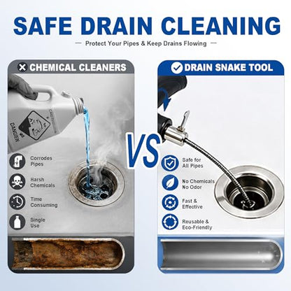33 FT Drain Snake Auger, Heavy Duty Plumbing Snake for Sink, Tub and Shower | Flexible Hair Clog Remover Kit with Gloves | Manual Drain Cleaning Tool for Bathroom and Kitchen (8-Piece Set)