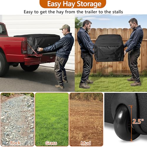 2 Pack Waterproof Rolling Hay Bale Bag | 4 Heavy Duty Wheels Hay Bale Storage Bag, Breathable Rolling Bale Bag for Storage and Transport