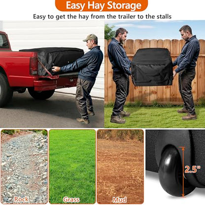 2 Pack Waterproof Rolling Hay Bale Bag | 4 Heavy Duty Wheels Hay Bale Storage Bag, Breathable Rolling Bale Bag for Storage and Transport