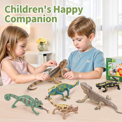 6PCS Large Lizard Figurines Rainforest Animal Toys, Realistic Plastic Reptile Animal Figurines, Includes Bearded Dragon,Fire Salamander,Chameleons,Coast Horned Lizard Toys, STEM Toy for Kids - style: 6PCS Lizards-2