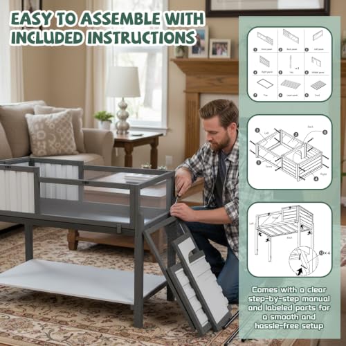 Large Tortoise Habitat with Adjustable Lamp Stand, Wooden & Plastic Turtle Enclosure with Viewing Window, Pull-Out Tray, Storage Shelf, 2-Room Indoor Outdoor Reptile House for Tortoises & Small Pets - size: 40.3"L x 22.8"W x 34.2"H