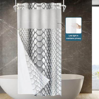 Gray Snake Scale No Hooks Shower Curtain with Snap in Liner Set, Glossy Hexagonal Pattern Tub Curtainn Mesh Top Window & Magnetic Hem Waterproof 35.5X74 Inch - color: Gray Snake Scale 1 Gray03, size: 35.4"W x 74"L (Pack of 1)