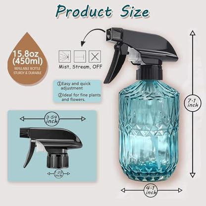 2pack Glass Plant Mister Spray Bottle 360° Nozzle for Hair Cleaning Blue | 3 spray modes, fine dew-like mist, thick glass, visible water level, 15oz Mister Spray Bottles for cleaning hair pets - color: Blue