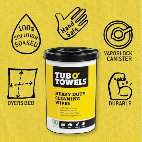 Tub O' Towels Heavy-Duty Multi-Surface Cleaning Wipes, 10" x 12", 90 Count Canister, Removes Grease, Grime, Tough Stains, Durable Disposable Wipes for Home, Garage, Outdoor Cleaning Tasks, 2-Pack - style: 2-Pack of TW90 (10" x 12" wipes)