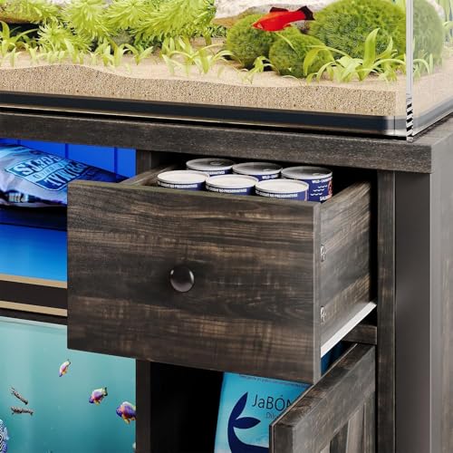 55-75 Gallon Fish Tank Stand, Aquarium Stand with Storage, Dark Oak | 52 x 20 In Top, Farmhouse Turtle Tank Stand, 2 Drawers & 2 Barn Doors, LED Light, Power Outlets, Shelf Storage, Heavy Duty - color: Dark Oak