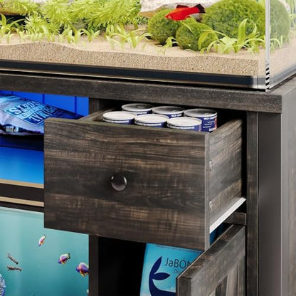 55-75 Gallon Fish Tank Stand, Aquarium Stand with Storage, Dark Oak | 52 x 20 In Top, Farmhouse Turtle Tank Stand, 2 Drawers & 2 Barn Doors, LED Light, Power Outlets, Shelf Storage, Heavy Duty - color: Dark Oak