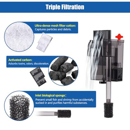 HOB Slim Aquarium Filter for Up to 5 Gallon Tank Ultra-Quiet Fish Tank Power Filter Flow Adjustable Suitable for Saltwater and Freshwater 42 GPH 3W