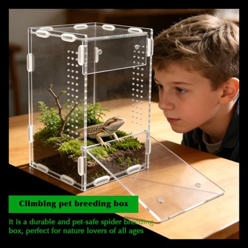 Jumping Spider Enclosure, 4x4x8 Inch Acrylic Reptile Terrarium Enclosure, with Magnet Front Opening Door, for Snail, Spiders, Mantis, Lizard, and Small Reptiles(Tweezer & Temp Sticker Included)