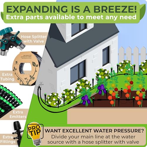 Drip Irrigation System Kit for Garden Watering, Sprinkler, 100 ft | For Garden, Yard, Raised Beds, Plants, Lawn, with Barbed 5/16 Mainline + 1/4 Tubing + 30 Emitters, 20-45 PSI and up to 40 GPH - size: Barbed Fitting 100 feet
