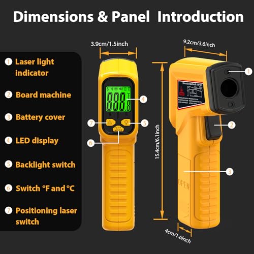 FKM Infrared Thermometer Gun Non-Contact Laser Temperature Gun,-58°F~986°F | Adjustable Emissivity,Digital IR Thermometer Gun for Cooking,Griddle,Pizza Oven,BBQ,HVAC,Automotive,Industrial,Not for Human - color: Yellow