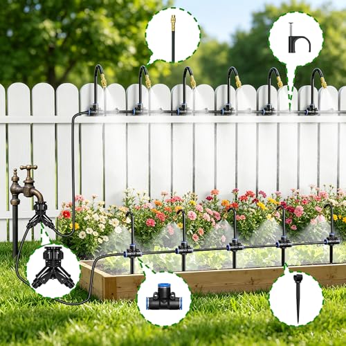 Thiswing 100 FT 360° Adjustable Irrigation System with Stake Holders | 1/4" Tubing, 16 Nozzles, Automatic Watering Misting System, Sprinkler for Garden, Raised Bed, Lawn, Plants - size: 100FT