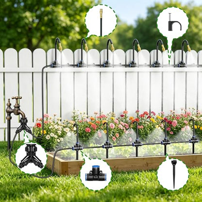 Thiswing 100 FT 360° Adjustable Irrigation System with Stake Holders | 1/4" Tubing, 16 Nozzles, Automatic Watering Misting System, Sprinkler for Garden, Raised Bed, Lawn, Plants - size: 100FT