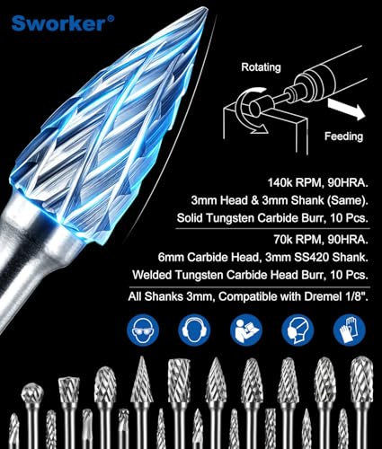 20 Pcs Carbide Burr Bits 1/8" Shank Compatible with Dremel Milwaukee Metal Grinding Wood Stone Steel Carving Cutting Engraving Grinder Kit Attachment Rotary Tool Accessories Set Harder Than Diamond