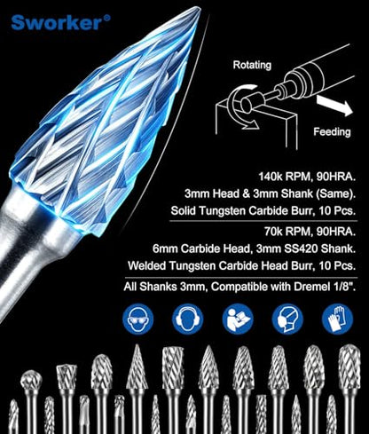 20 Pcs Carbide Burr Bits 1/8" Shank Compatible with Dremel Milwaukee Metal Grinding Wood Stone Steel Carving Cutting Engraving Grinder Kit Attachment Rotary Tool Accessories Set Harder Than Diamond