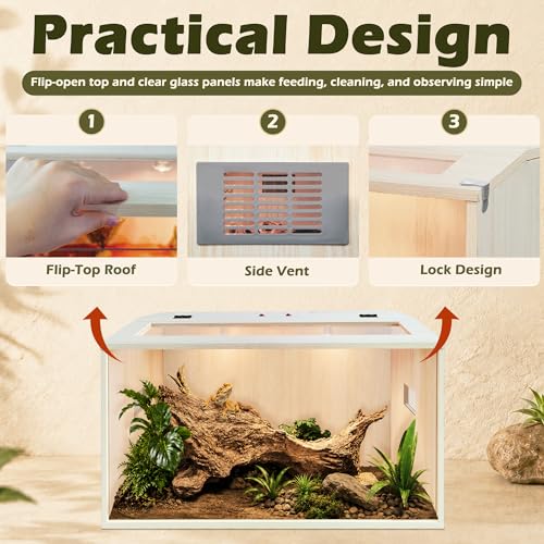 Bearded Dragon Tank,Wooden Reptile Tank and Lizard Tank,Tempered Glass Large Bearded Dragon Enclosure with Built-in Lamp Fixture (24X16X16inch,24 Gallons) - color: Wooden Roof, size: 24X16X16inch,24 Gallons