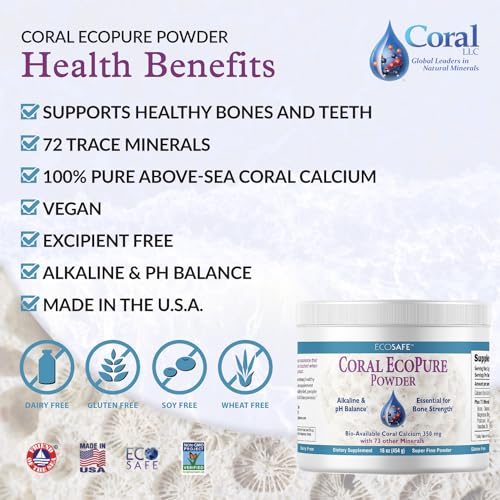 Coral Calcium Powder, Ecopure Calcium Supplement, 16 Ounces | Ancient Seabed Coral Calcium Powder; Supports Bone Health; 72+ Trace Minerals; Easy to Mix Powder; manufactured in the USA - size: 16 Ounce (Pack of 1)