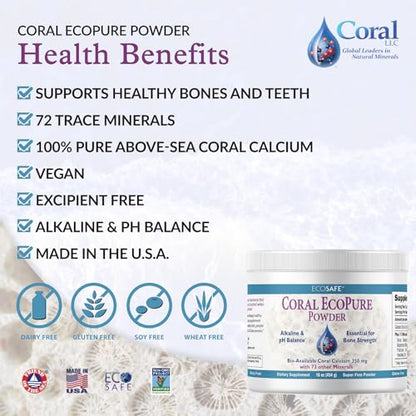 Coral Calcium Powder, Ecopure Calcium Supplement, 16 Ounces | Ancient Seabed Coral Calcium Powder; Supports Bone Health; 72+ Trace Minerals; Easy to Mix Powder; manufactured in the USA - size: 16 Ounce (Pack of 1)