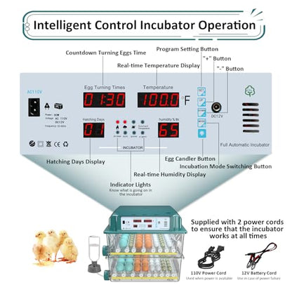 Egg Incubator for Hatching 120 Eggs with 5 Auto Incubation Models | Precise Temp & Humidity Control, Auto Egg Turning, External Water Refill, Egg Candler, Dual Power Supply, Adjustable Roller