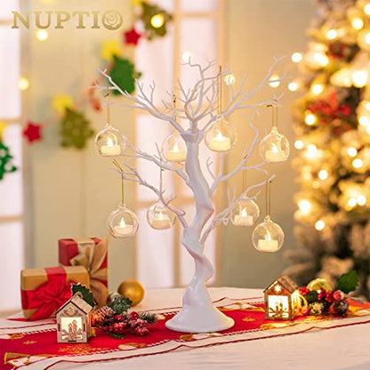 NUPTIO Hanging TeaLight Candle Holder: 24Pcs 2.36in Tree Tea Light Holders with LED Candles Small Glass Globes Ornament Clear Round Mini Terrarium Containers for Wedding Party Tree Decoration | Includes Flameless Votives, 2.36-Inch Clear Globes, Ready to