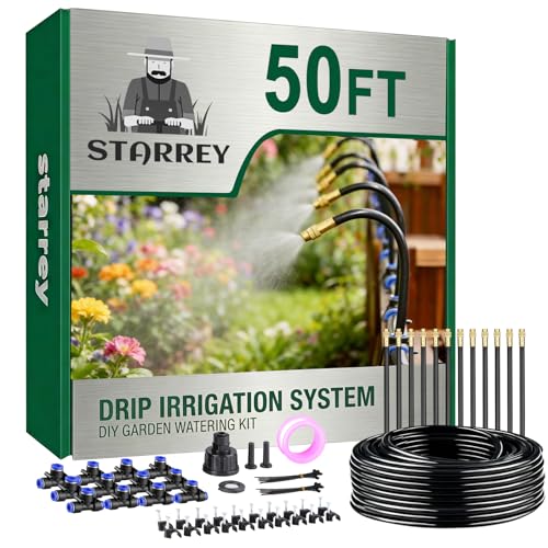 Drip Irrigation System, 2026-Upgrade 50Ft 1/4" Garden Watering System with 12 Pcs 360° Adjustable Copper Nozzles, DIY Kit for Garden, Lawn, Greenhouse, Raised Beds & Outdoor Plants - size: 50FT/12pcs