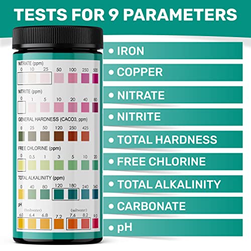 Aquarium Test Strips - 9-in-1 Aquarium Test Kit with eBook - Aquarium Water Test Kit with Quick and Accurate Fish Tank Test Strips - 100 Test Strips by JNW Direct