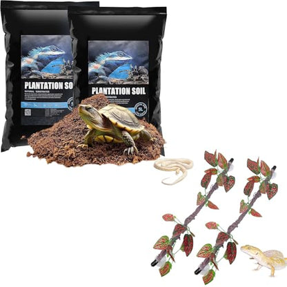 VCEPJH Loose Coconut Fiber Substrate 2 Pack Natural Coco Coir Reptile Bedding and Reptile Climbing Branch Decor 2 Pcs Bendable Jungle Vine for Gecko Bearded Dragons, Snake,Frogs