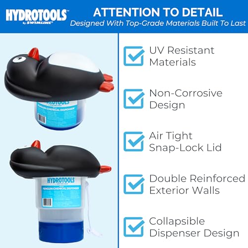 SWIMLINE HYDROTOOLS 87281 Penguin Large Capacity Pool & Spa Chemical Dispenser | Compatible With Bromine & Chlorine Supports 1-3’’ Tablets | Adjustable For Customizable Flow Rate | Cost Effective - color: Cool Penguin
