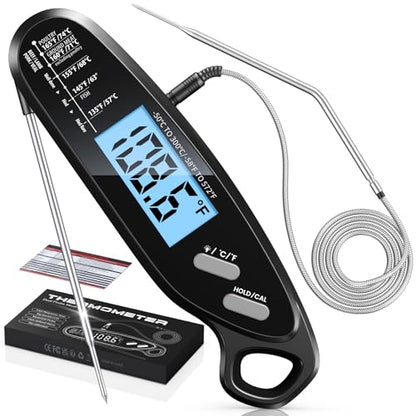 Instant Read Meat Thermometer Digital with Dual Probe | Large Backlit, Calibration, Food Thermometer for Cooking, Grilling, Smoker, BBQ, Candy, Oil Fry, Kitchen, Gift for Men, Black - color: Black