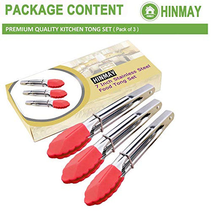 HINMAY Small Tongs with Silicone Tips 7 Inch Kitchen Tongs, Set of 3 (Red) - color: Red
