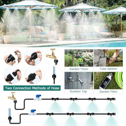 GOTGELIF Patio Misting System, DIY Outdoor Water Mister Cooling Kit | 50FT Leak-Proof Hose with 12 Brass Nozzles, 3/4 Faucet Adapter & 2 Shut-off Valves for Garden, Gazebo, Greenhouse Cooling