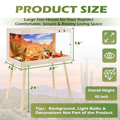 Royxen Bearded Dragon Tank,31 Gallon Reptile Tank with Leg Stand,Built-in Lighting Reptile Enclosure,Tempered Glass Bearded Dragon Encloure for Chameleon (Oak,24"x 16"x 16") - color: Oak, size: 31 Gallons,24"x16"x16"
