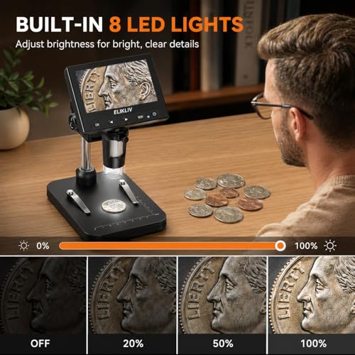 Elikliv Coin Microscope, 4.3'' LCD Digital Microscope 1000x, Coin Magnifier with 8 Adjustable LED Lights, PC View Compatible with Windows/Mac, EDM4B, Black - color: Black