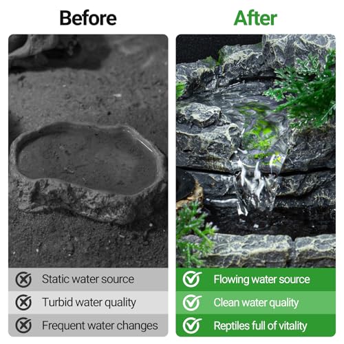 REPTI ZOO Reptile Water Fountain with Food Dish, 550ML Terrarium Waterfall Drinking Fountain for Bearded Dragon Gecko Chameleon Lizard Tree Frog Turtle, Reptile Water Dispenser, Keep Water Clear