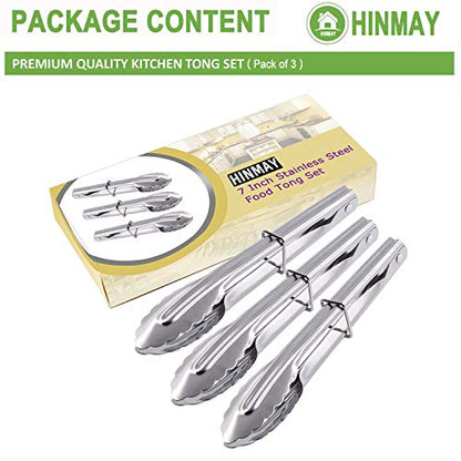 HINMAY 7-Inch Small Stainless Steel Serving Tongs, Set of 3 (Silver) | 7-Inch Mini Metal Salad Tongs - color: Silver