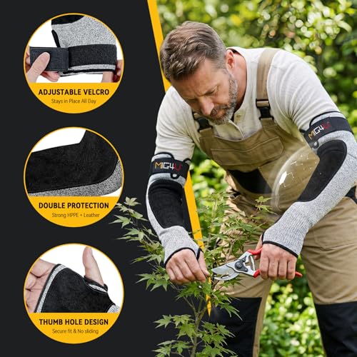 MIG4U Cut Resistant Sleeves with Leather Patches, Arm Safety Protection for Men and Women Thin Skin, Anti Puncture Level 5 Protective Arm Sleeve in Gardening, Farm, Welding, 18'' - color: Grey-leather Patch, size: Large