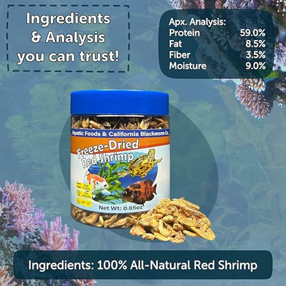 Red Shrimp, Freeze Dried 3/8" to 1/2" Floating Red River Shrimp for Cichlids, All Tropical Fish, Koi & Pond Fish, Aquatic Turtles, Reptiles, Rodents 1oz Canister