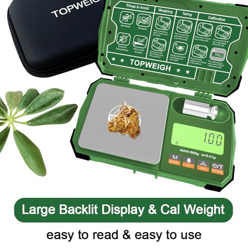 Pocket Scale, 500g x 0.01g, Dual Powered, Precision Gram Jewelry Scale with Zipper Case, Digital Small Coin Scale, Large Backlight Display, 6 Weighing Units,Cal Weight, USB Cable Included - color: Army Green