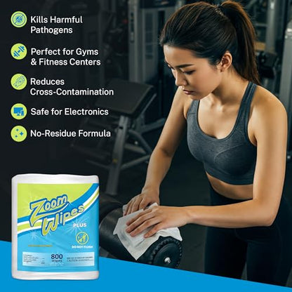 Zoom Wipes Plus – 3,200 Total 4 Rolls of 800 – Citrus Scented Cleaning & Deodorizing Wipes for Fitness Equipment, Office & Household, Compatible with Dispenser Buckets, Alcohol & Bleach-Free