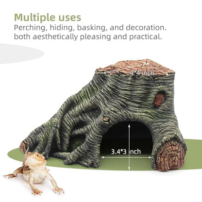 Reptile Hideouts Cave Habitat Decor, Hollow Tree Climing Ramp Basking Platform for Reptiles, Amphibians, Fish Tanks and Leopard Gecko, Snake, Lizard