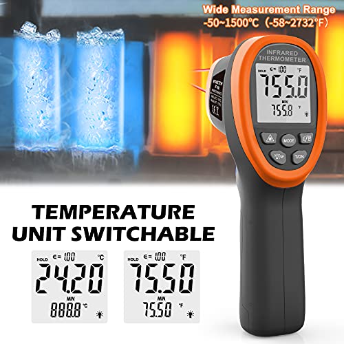 BT-1500 Pyrometer 30:1 Industrial Laser Thermometer Gun, -58℉ to 2732℉ Non Contact High Temp Infrared Thermometer Digital IR Temperature Gauge Orange(NOT for Human Temp Test) - color: Orange