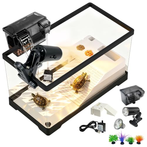 15.7in Turtle Tank Starter Kit with Basking Platform, Hang-on-Back Tank Filter, Adjustable Flow Pump & 360° Timer Basking Light, Bottom Drainage Reptile Aquarium for Small Turtles Aquatic Pets